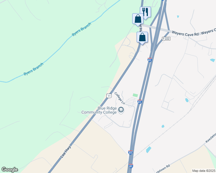 map of restaurants, bars, coffee shops, grocery stores, and more near College Woods Drive in Weyers Cave