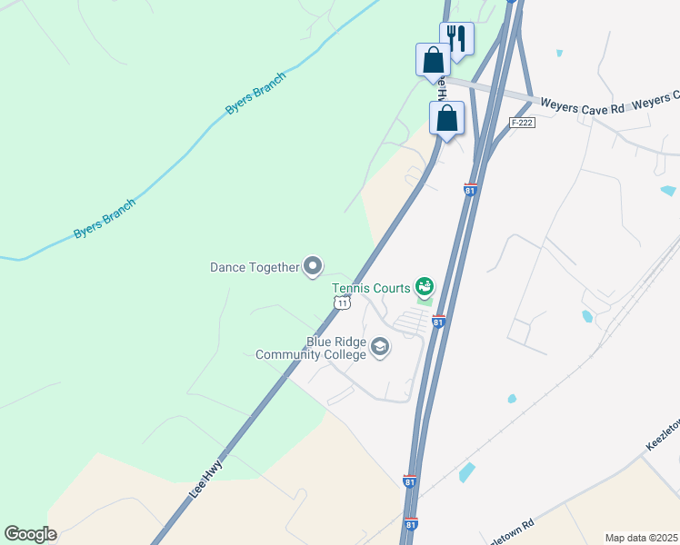 map of restaurants, bars, coffee shops, grocery stores, and more near College Woods Drive in Weyers Cave
