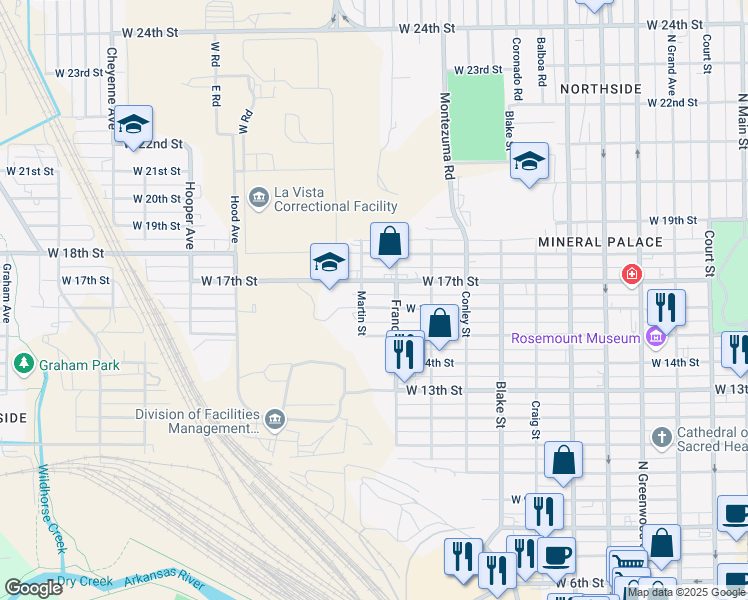 map of restaurants, bars, coffee shops, grocery stores, and more near 1520 Martin Street in Pueblo