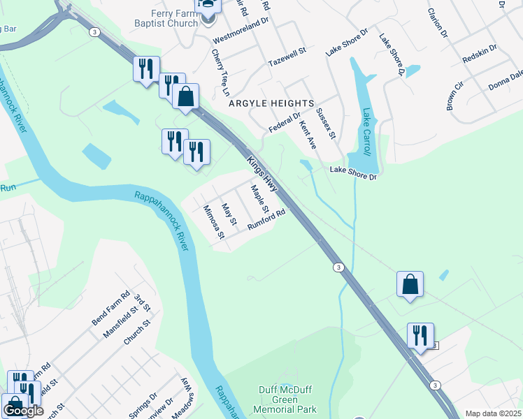 map of restaurants, bars, coffee shops, grocery stores, and more near 214 Maple Street in Fredericksburg