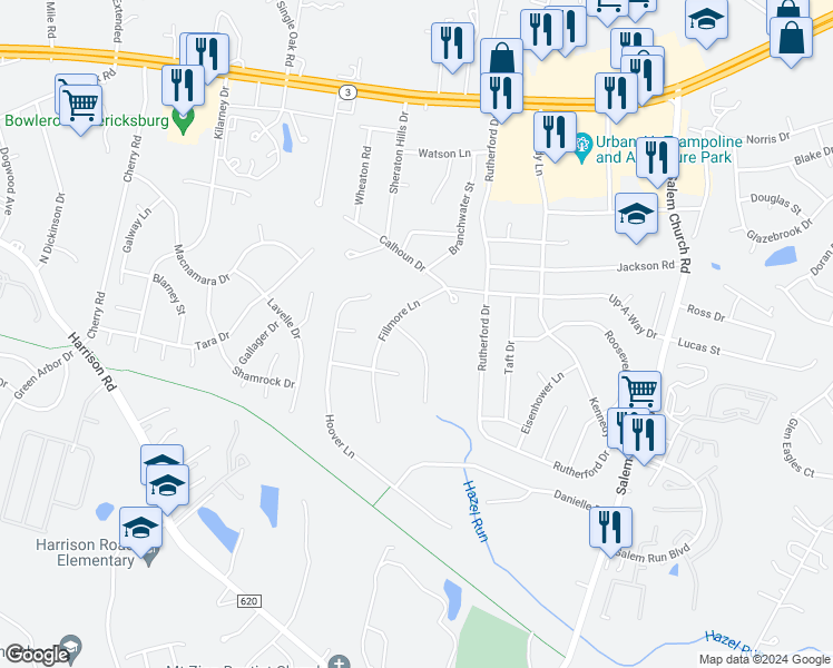 map of restaurants, bars, coffee shops, grocery stores, and more near 11811 Arthur Lane in Fredericksburg