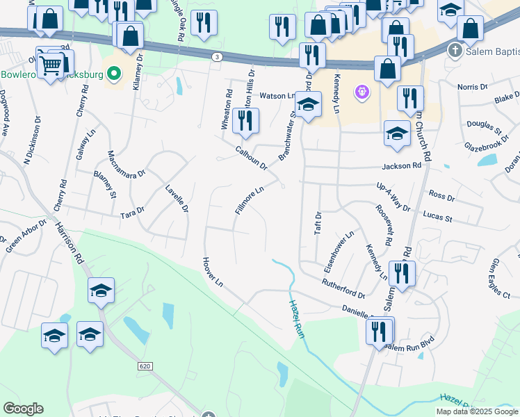 map of restaurants, bars, coffee shops, grocery stores, and more near 11811 Arthur Lane in Fredericksburg