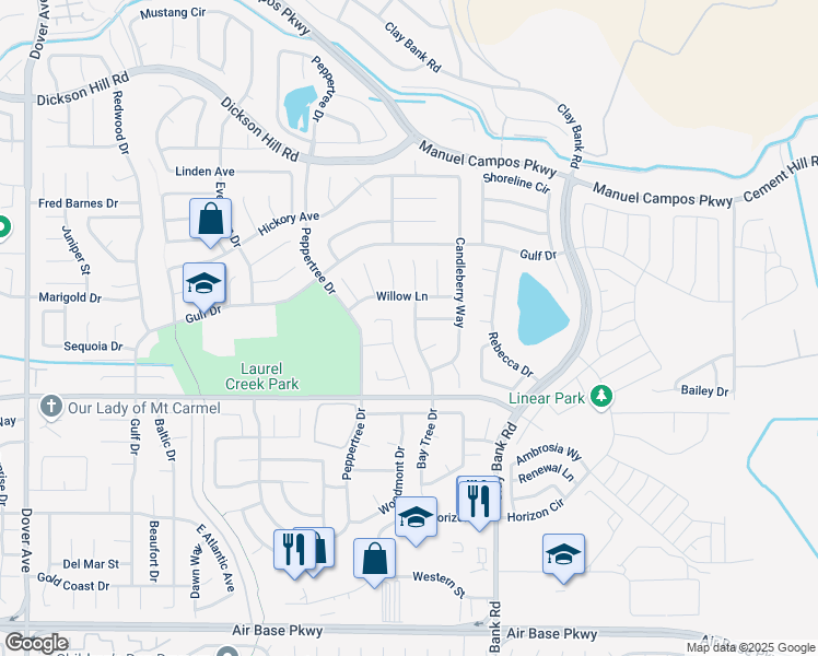 map of restaurants, bars, coffee shops, grocery stores, and more near 2853 Bay Tree Drive in Fairfield