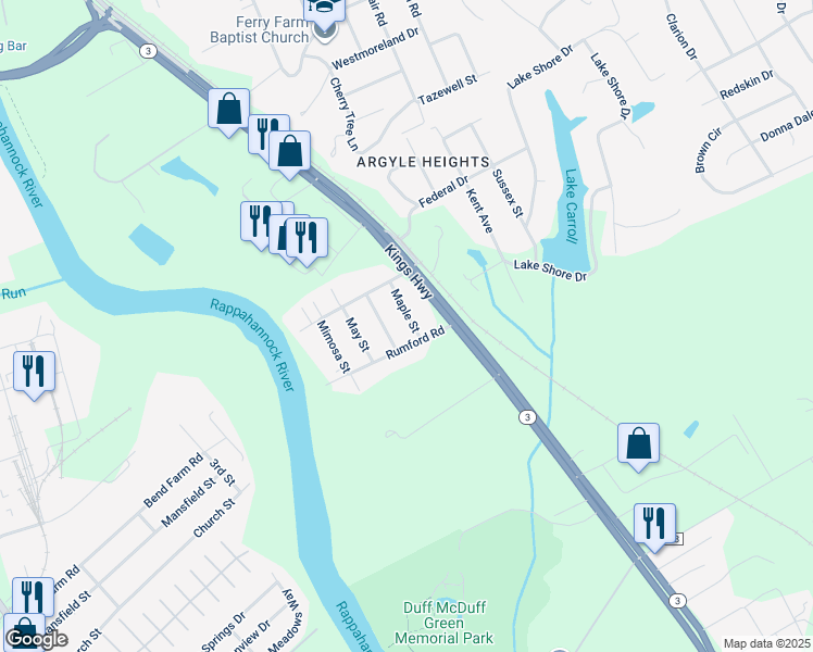 map of restaurants, bars, coffee shops, grocery stores, and more near 214 Maple Street in Fredericksburg