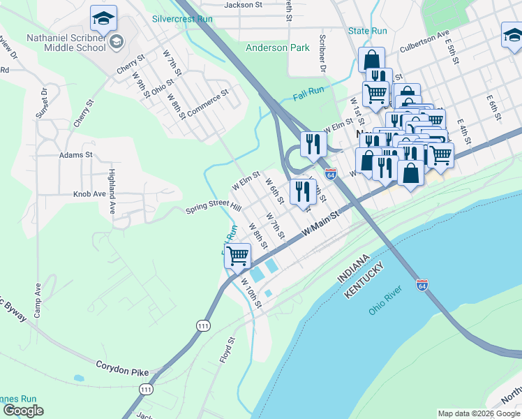 map of restaurants, bars, coffee shops, grocery stores, and more near 706 West Market Street in New Albany