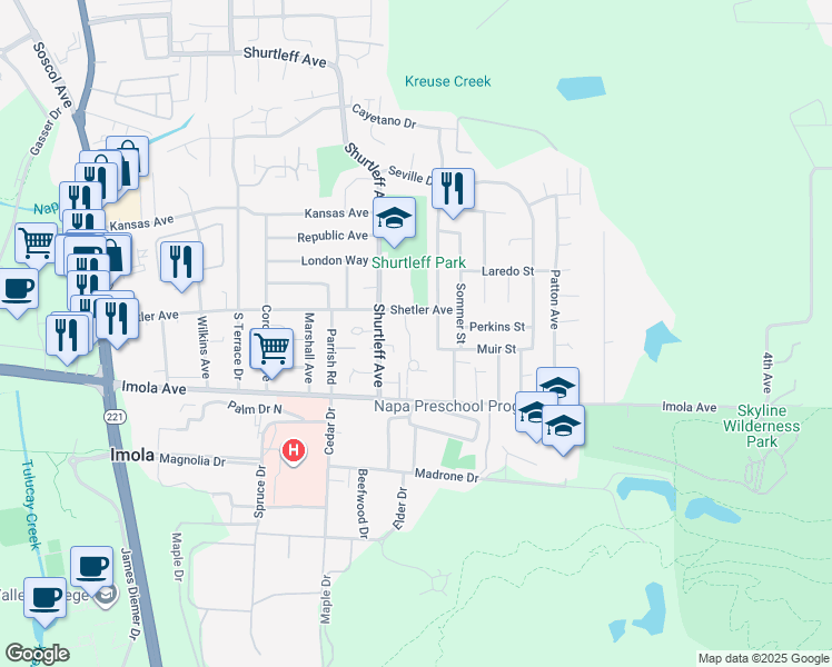 map of restaurants, bars, coffee shops, grocery stores, and more near 2129 Russell Street in Napa