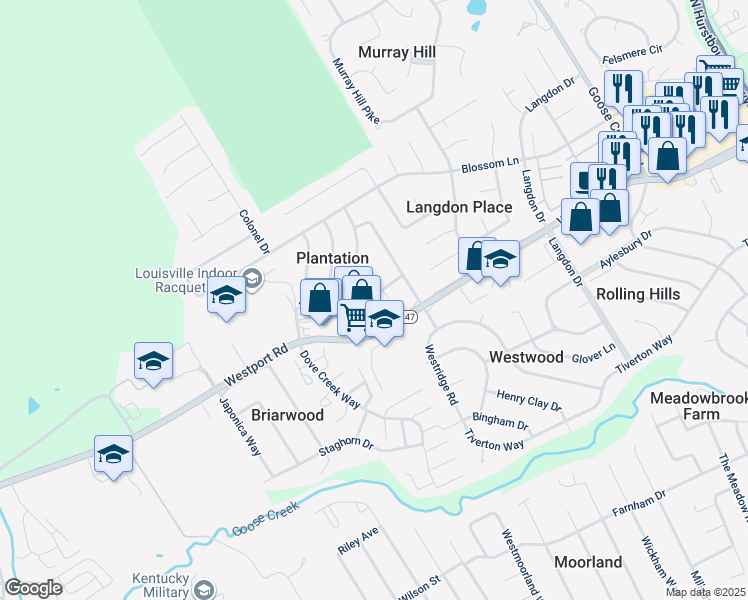 map of restaurants, bars, coffee shops, grocery stores, and more near 2402 Hermitage Way in Louisville