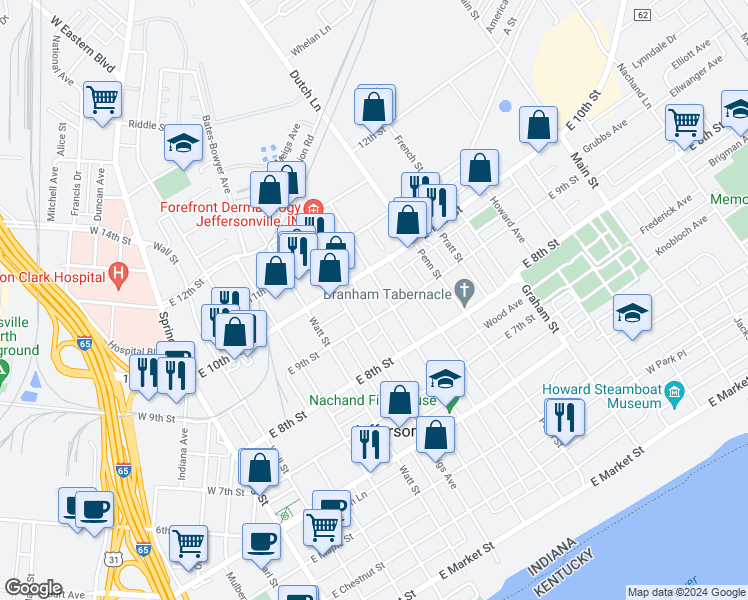 map of restaurants, bars, coffee shops, grocery stores, and more near 617 East 9th Street in Jeffersonville