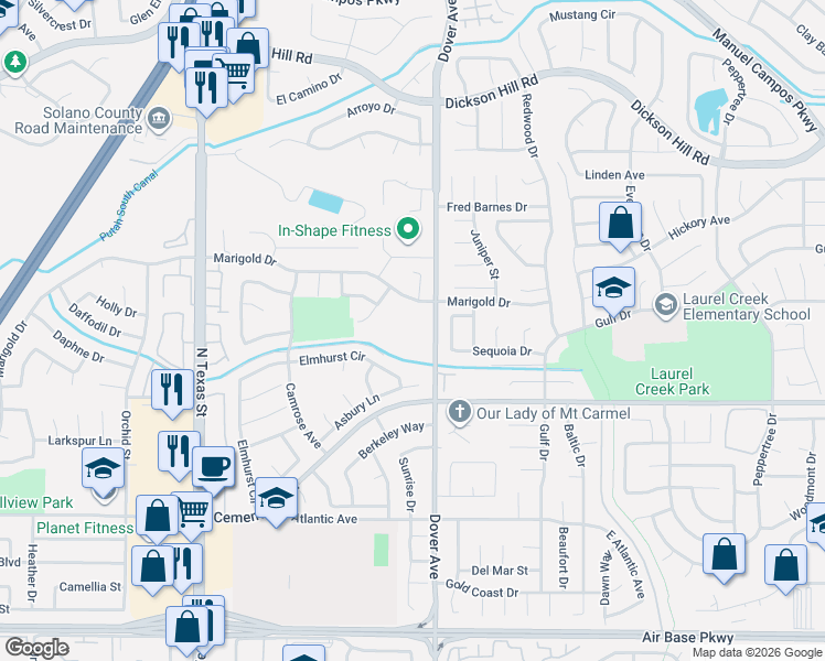map of restaurants, bars, coffee shops, grocery stores, and more near 2801 Dover Avenue in Fairfield