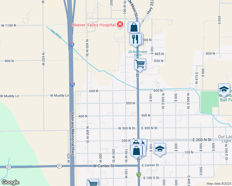 map of restaurants, bars, coffee shops, grocery stores, and more near 590 North 200 West Street in Beaver