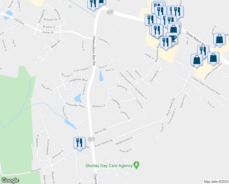 map of restaurants, bars, coffee shops, grocery stores, and more near 45775 Church Drive in Great Mills