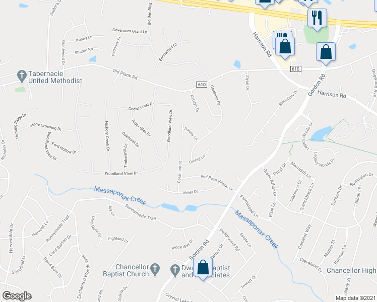 map of restaurants, bars, coffee shops, grocery stores, and more near 11806 Gardenia Drive in Fredericksburg