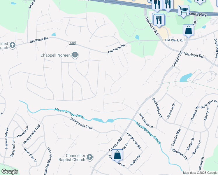 map of restaurants, bars, coffee shops, grocery stores, and more near 11806 Gardenia Drive in Fredericksburg