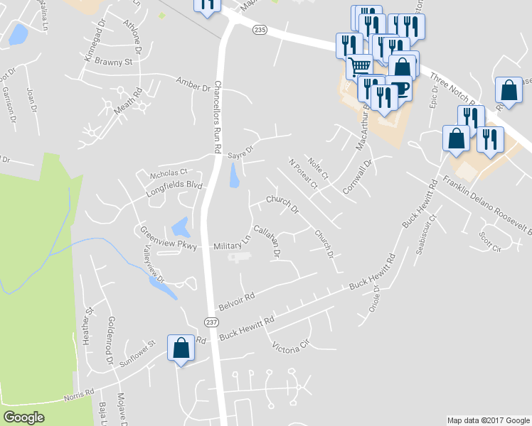 map of restaurants, bars, coffee shops, grocery stores, and more near 45777 Church Drive in Great Mills