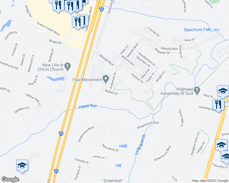 map of restaurants, bars, coffee shops, grocery stores, and more near 1303 Walker Drive in Fredericksburg
