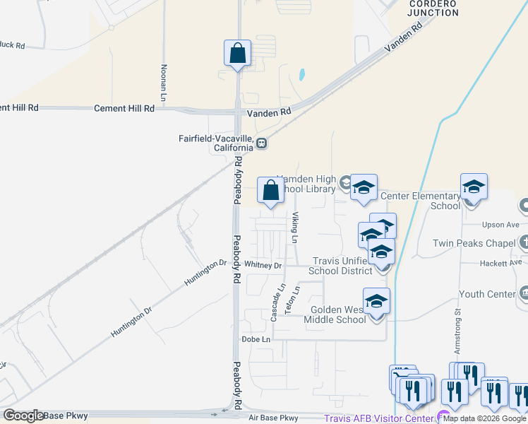 map of restaurants, bars, coffee shops, grocery stores, and more near 2772 East Lane in Fairfield