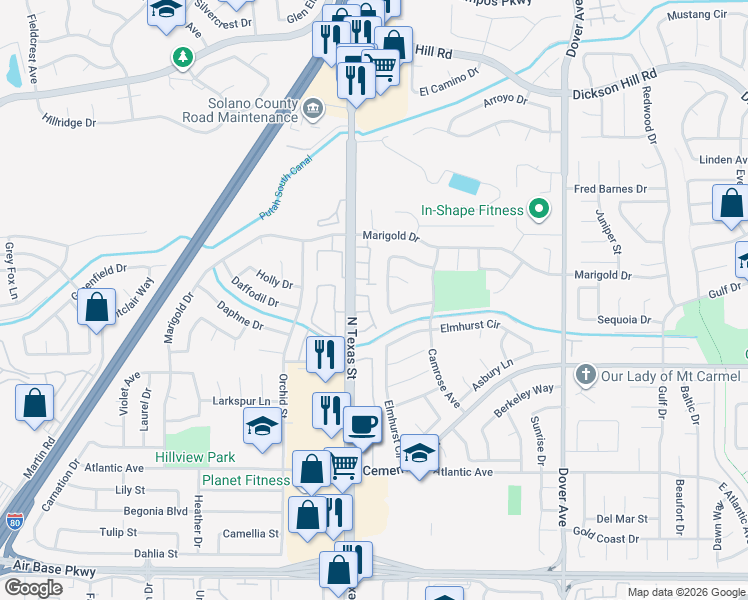 map of restaurants, bars, coffee shops, grocery stores, and more near 391 Arlington Circle in Fairfield