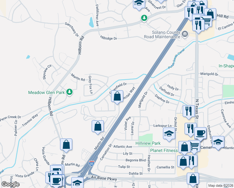 map of restaurants, bars, coffee shops, grocery stores, and more near 2812 Montclair Way in Fairfield