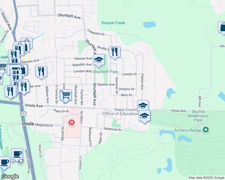 map of restaurants, bars, coffee shops, grocery stores, and more near 1400 Muir Street in Napa