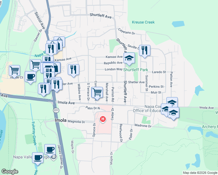 map of restaurants, bars, coffee shops, grocery stores, and more near 2165 Marshall Avenue in Napa