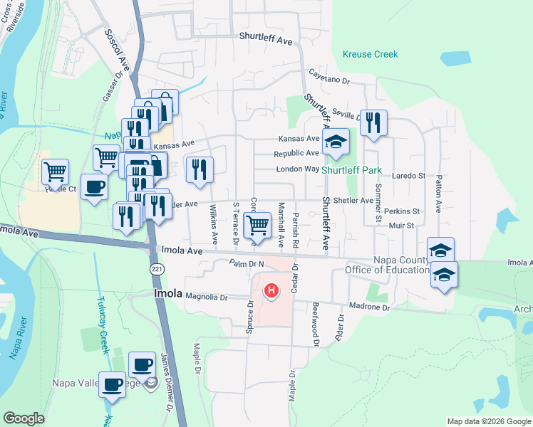 map of restaurants, bars, coffee shops, grocery stores, and more near 2160 Coronado Avenue in Napa