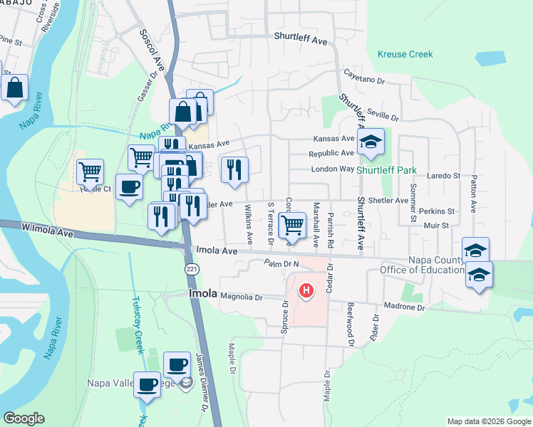 map of restaurants, bars, coffee shops, grocery stores, and more near 2163 South Terrace Drive in Napa