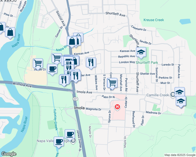 map of restaurants, bars, coffee shops, grocery stores, and more near 2163 South Terrace Drive in Napa
