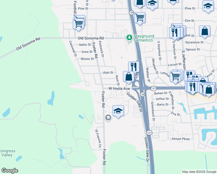map of restaurants, bars, coffee shops, grocery stores, and more near 2597 Imola Avenue West in Napa