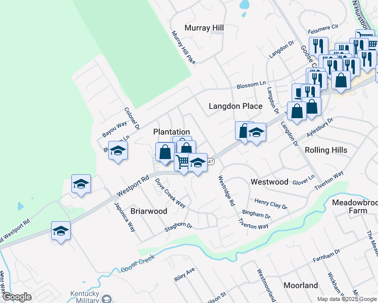 map of restaurants, bars, coffee shops, grocery stores, and more near 2402 Hermitage Way in Louisville