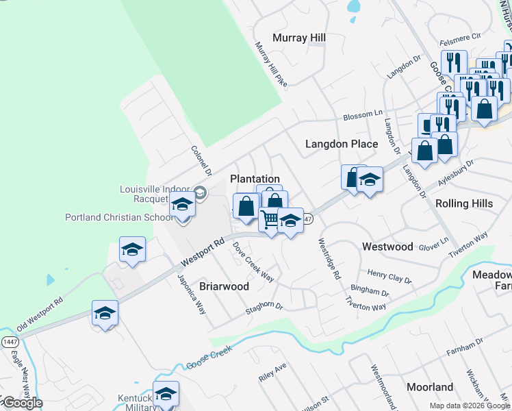 map of restaurants, bars, coffee shops, grocery stores, and more near 8700 Bayberry Place in Louisville