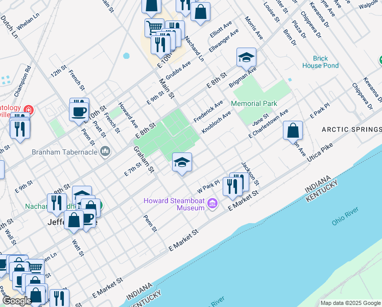 map of restaurants, bars, coffee shops, grocery stores, and more near 100-198 W Charlestown Ave in Jeffersonville
