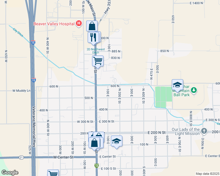 map of restaurants, bars, coffee shops, grocery stores, and more near 590 North 100 East Street in Beaver