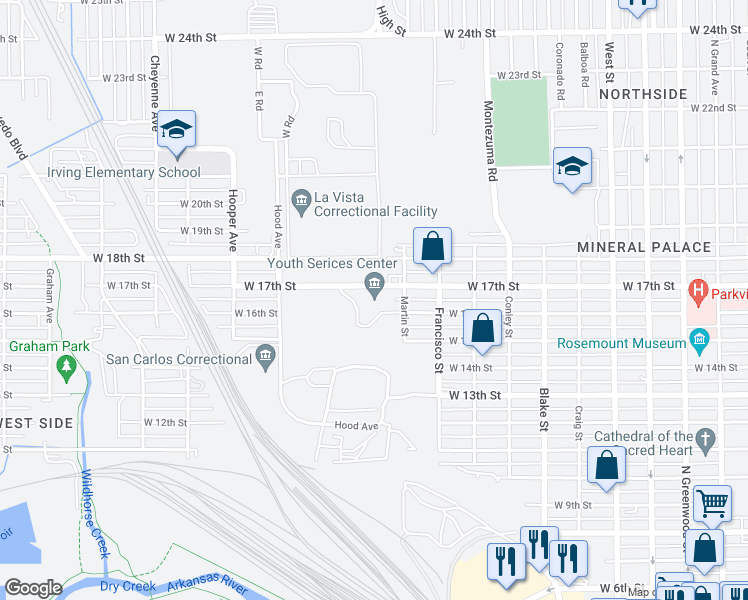 map of restaurants, bars, coffee shops, grocery stores, and more near 1406 West 17th Street in Pueblo