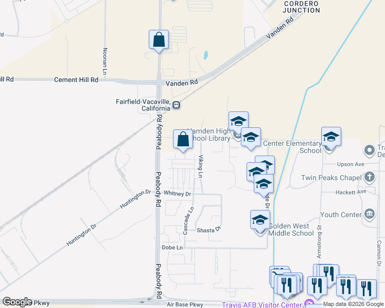 map of restaurants, bars, coffee shops, grocery stores, and more near 3127 Puffin Circle in Fairfield