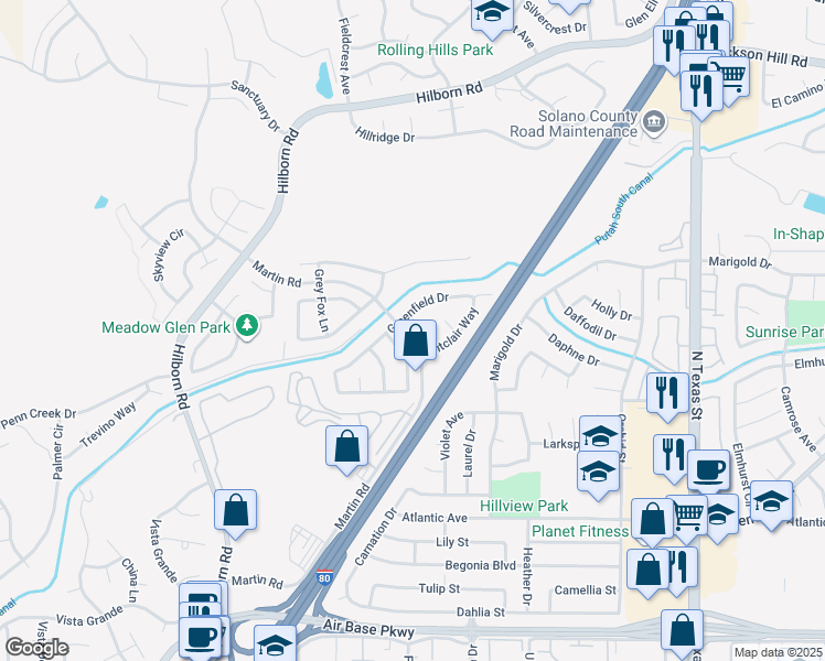 map of restaurants, bars, coffee shops, grocery stores, and more near 2812 Montclair Way in Fairfield