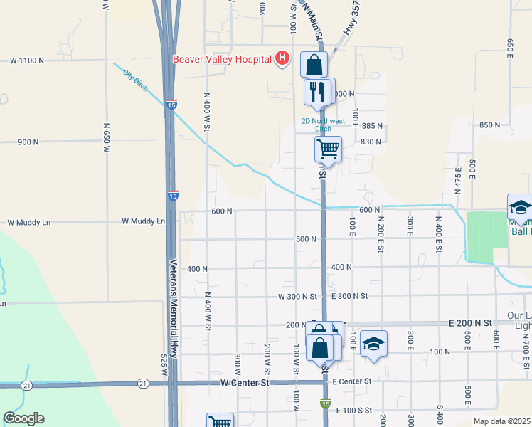 map of restaurants, bars, coffee shops, grocery stores, and more near 590 North 200 West Street in Beaver