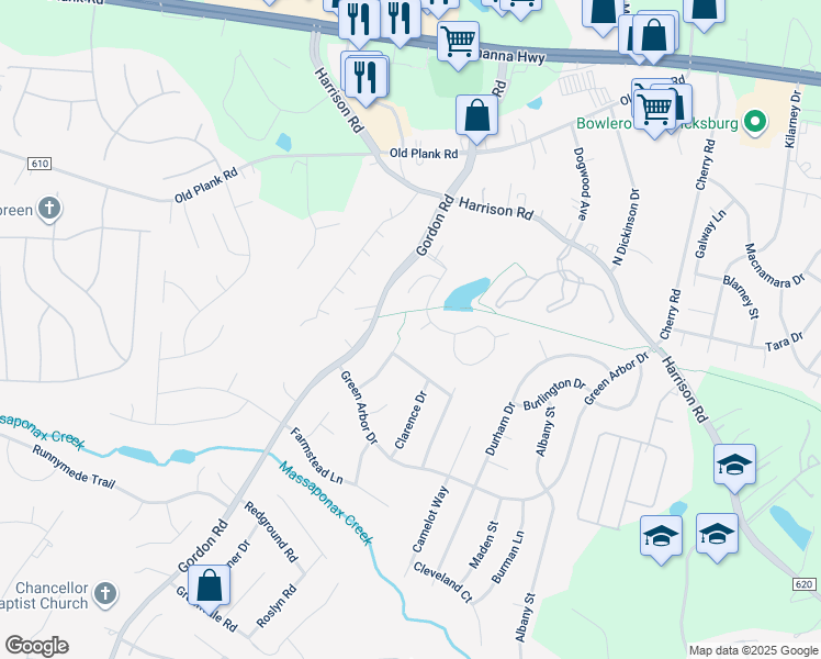 map of restaurants, bars, coffee shops, grocery stores, and more near 6607 River Birch Court in Fredericksburg