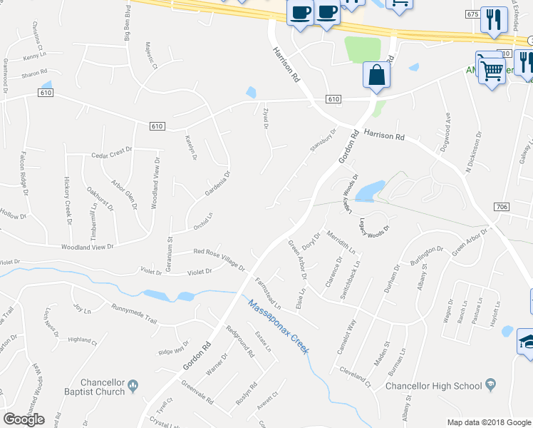 map of restaurants, bars, coffee shops, grocery stores, and more near 6706 Stansbury Court in Fredericksburg