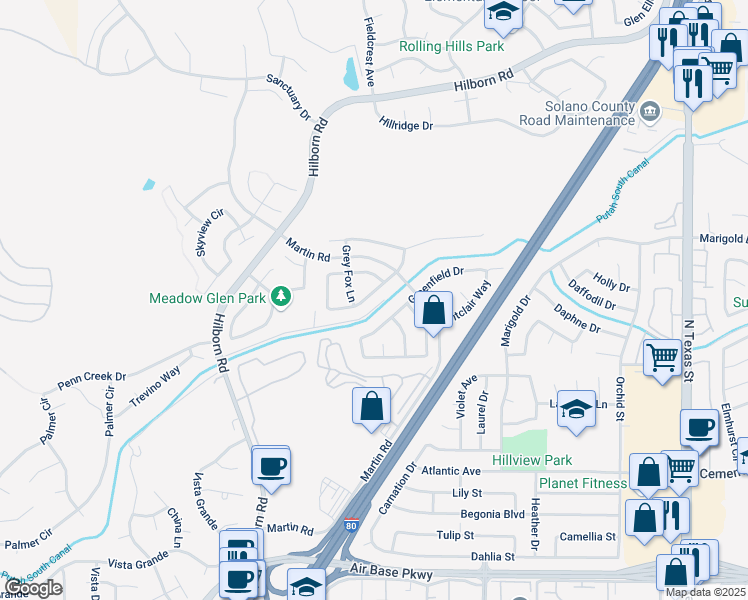 map of restaurants, bars, coffee shops, grocery stores, and more near 2225 Silver Fox Circle in Fairfield
