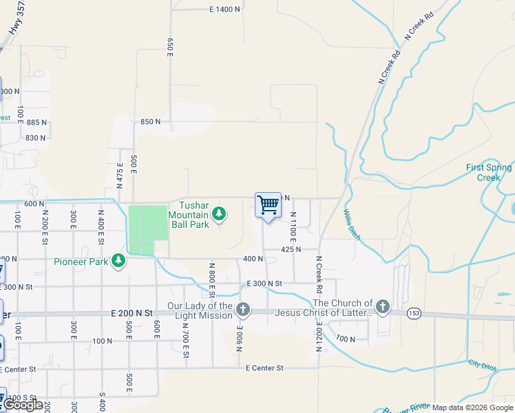 map of restaurants, bars, coffee shops, grocery stores, and more near 555 North 1000 East in Beaver