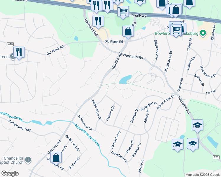 map of restaurants, bars, coffee shops, grocery stores, and more near 6607 River Birch Court in Fredericksburg
