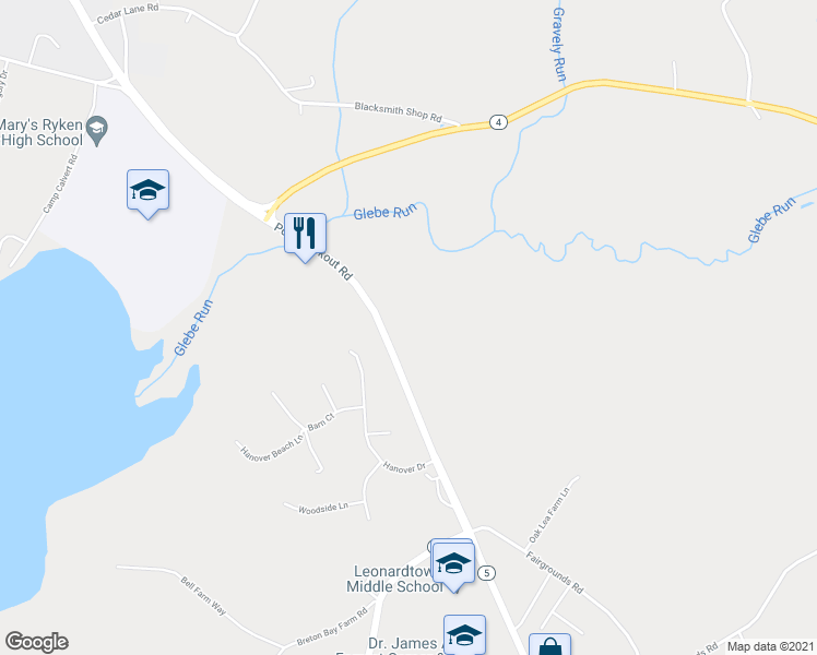 map of restaurants, bars, coffee shops, grocery stores, and more near 41820 Eastwick Lane in Leonardtown