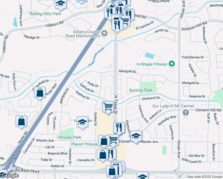 map of restaurants, bars, coffee shops, grocery stores, and more near in Fairfield