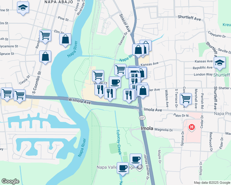map of restaurants, bars, coffee shops, grocery stores, and more near 205 Soscol Avenue in Napa