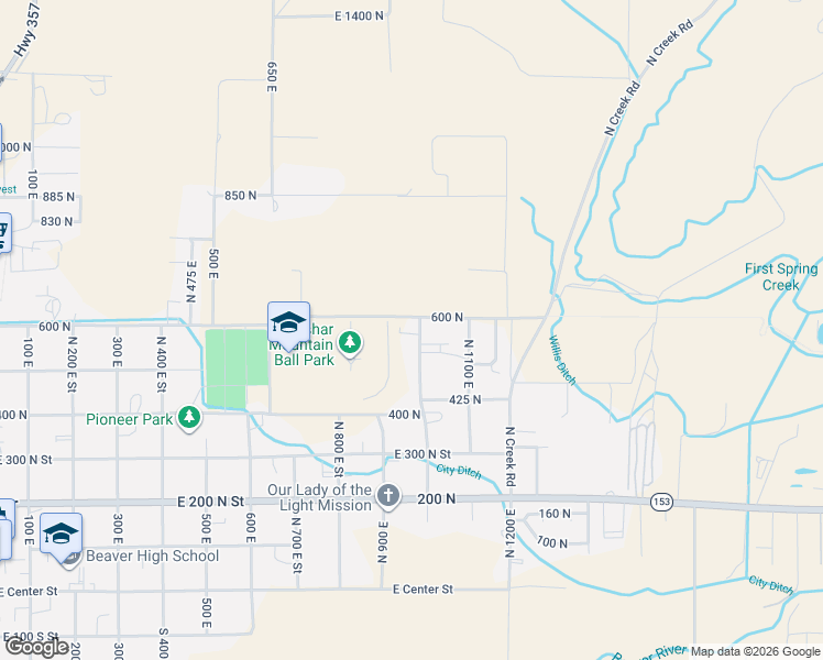map of restaurants, bars, coffee shops, grocery stores, and more near 555 North 1000 East in Beaver