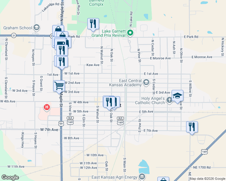 map of restaurants, bars, coffee shops, grocery stores, and more near in Garnett