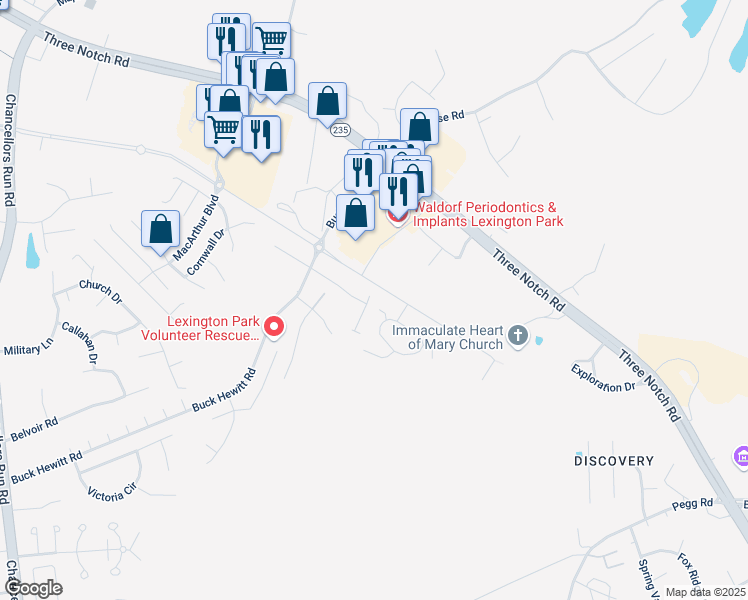 map of restaurants, bars, coffee shops, grocery stores, and more near 22458 Dark Star Way in Lexington Park