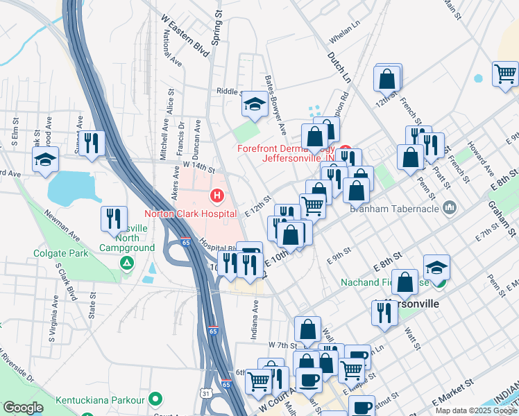 map of restaurants, bars, coffee shops, grocery stores, and more near 200 East 12th Street in Jeffersonville