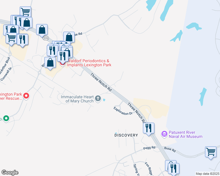 map of restaurants, bars, coffee shops, grocery stores, and more near 22610 Three Notch Road in Lexington Park