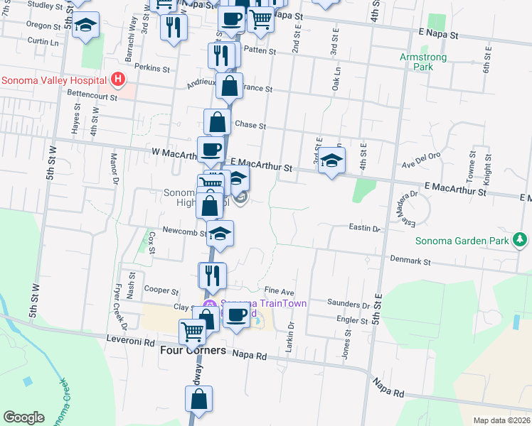 map of restaurants, bars, coffee shops, grocery stores, and more near 950 Broadway in Sonoma